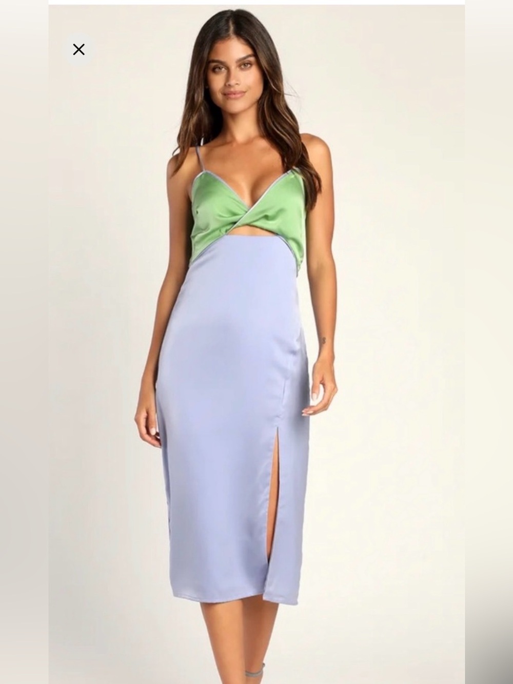 Lulu's Two-Tone Satin Cutout Slip Dress in Green and light blue